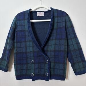 Women's Petite Pendleton Cardigan Sweater Blue & Green Plaid Small